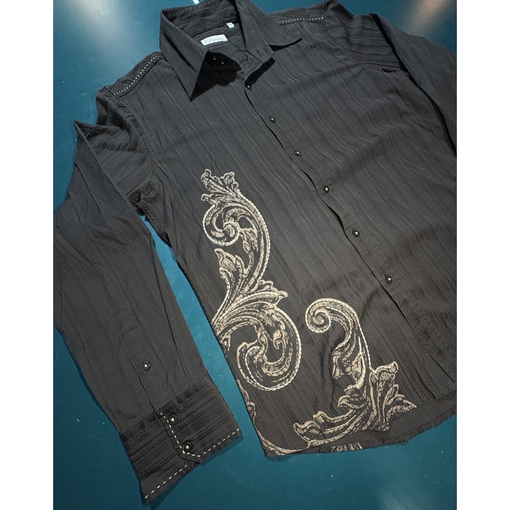 7 Diamonds Button Up Shirt Men XL Brown Striped Y2K Affliction Style Punk Grunge - Picture 3 of 10